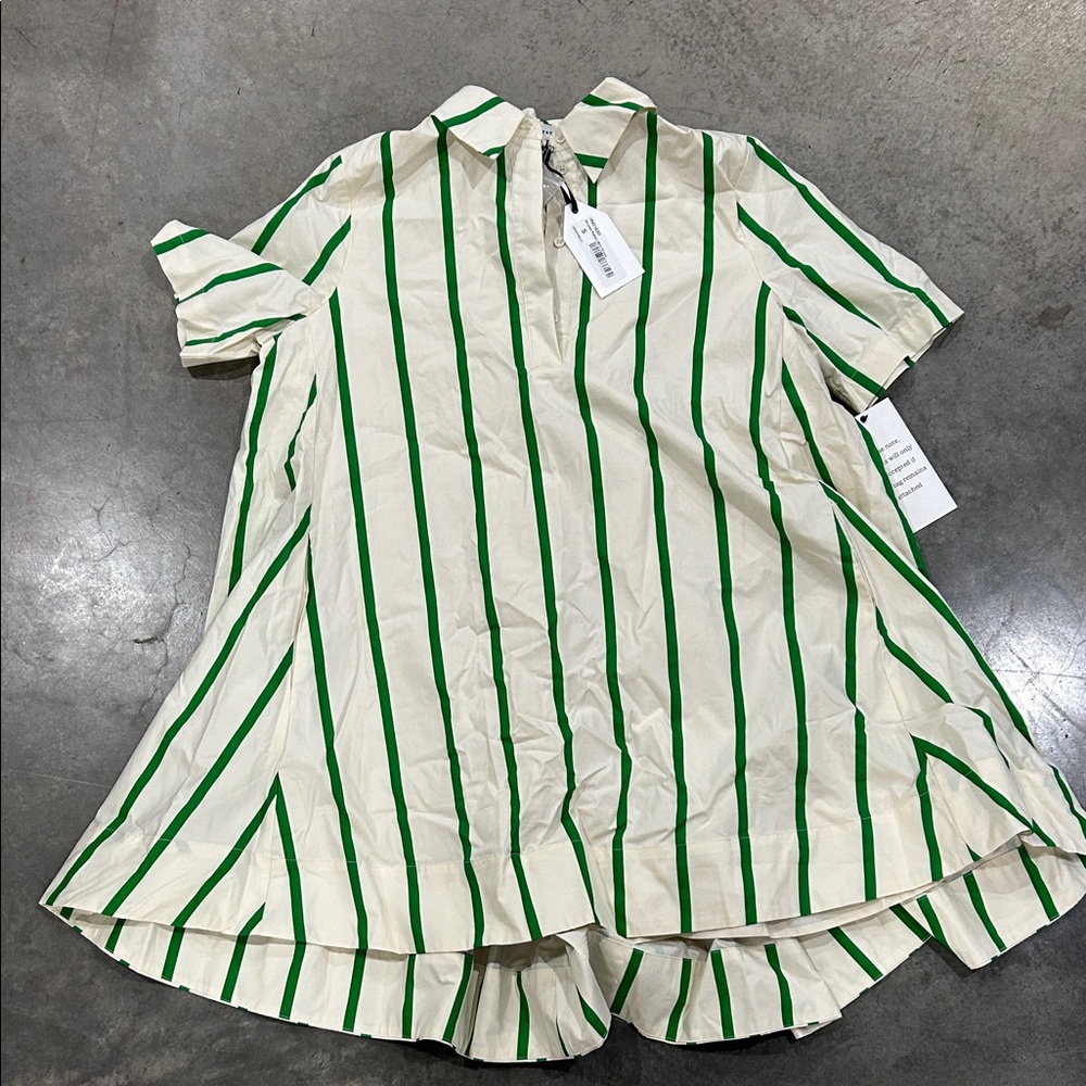 English Factory Cream Dress with Green Stripes High-Low Hem